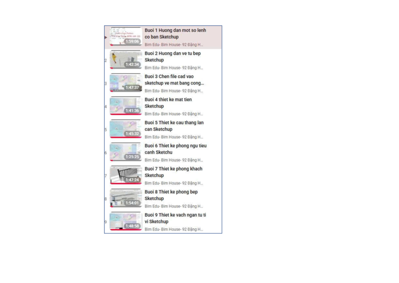 Danh sách video khóa học SketchUp bài 1-9